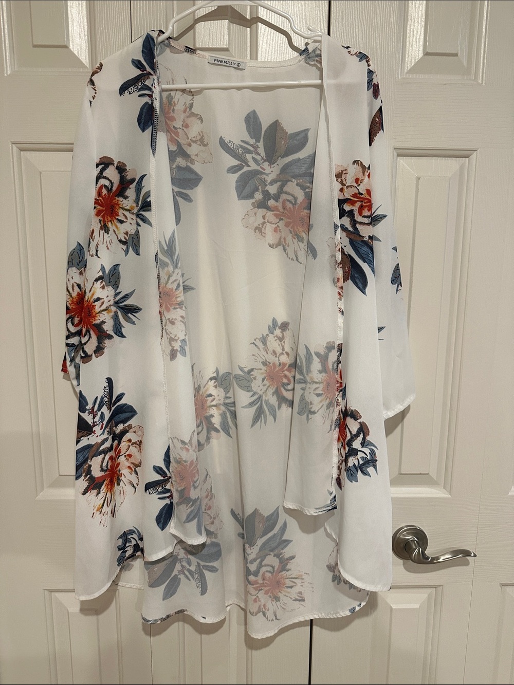 Floral Open-Front Kimono Cardigan - White with Blue & Coral Floral